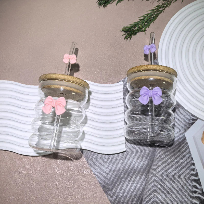 Taza de agua bonita con lazo, vaso de cristal con lazo de dibujos animados, taza de café con garabatos bonitos a rayas, fruta para el hogar, té, limonada, regalo para niñas