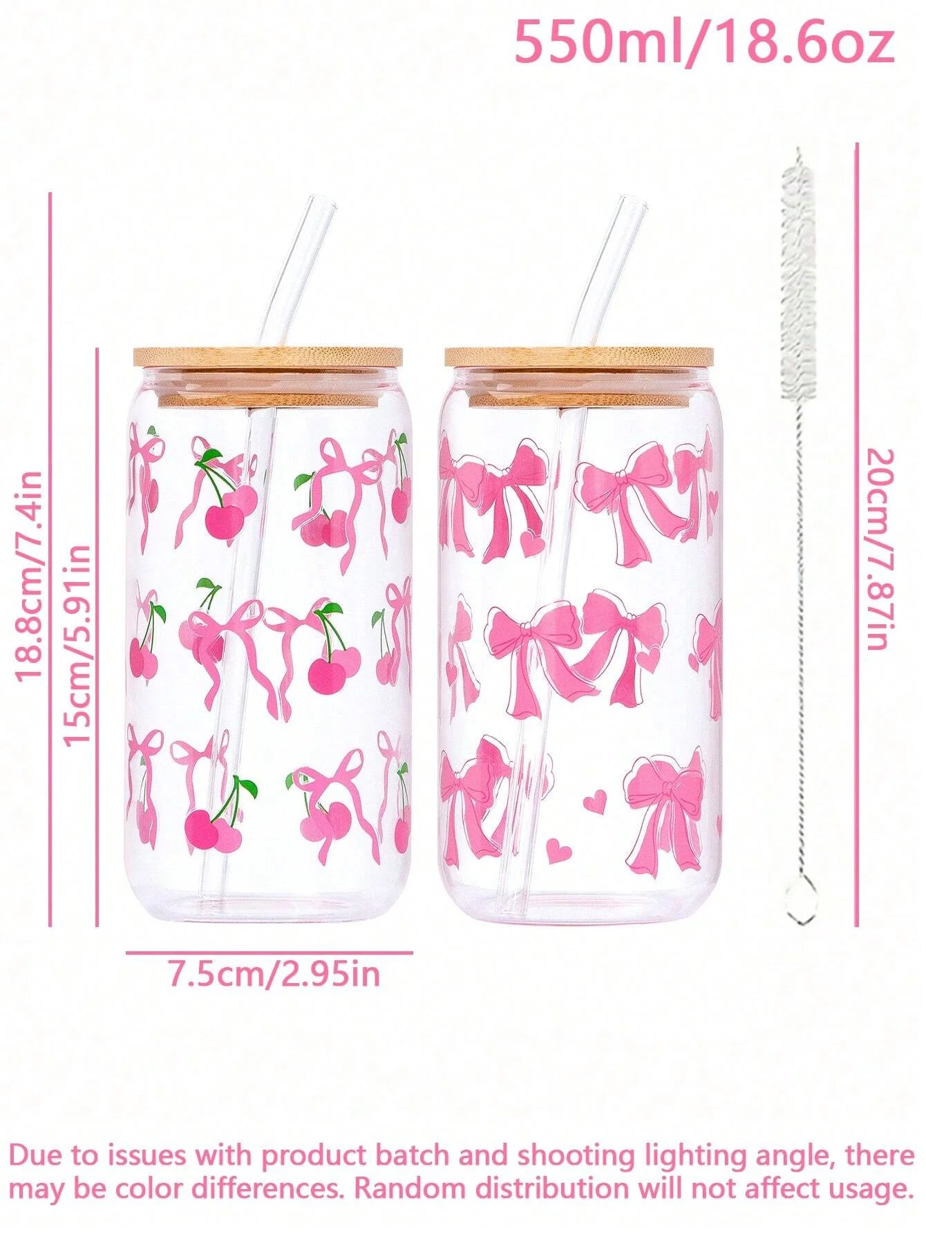 Taza de cristal con lazo bonito de 500ml, botella de agua con diseño de grafiti de cereza de amor, tazas de café con tapas, cepillo de paja, regalo de fiesta del Día de San Valentín