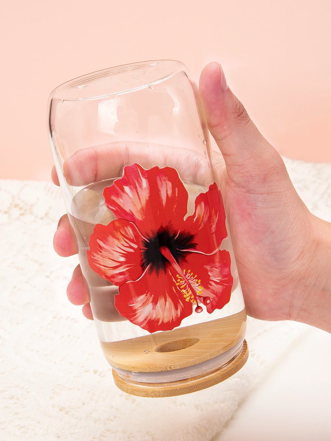 Taza de cristal con lazo bonito de 500ml, botella de agua con diseño de grafiti de cereza y amor navideño con tapa de bambú, tazas de café heladas, regalo de Halloween