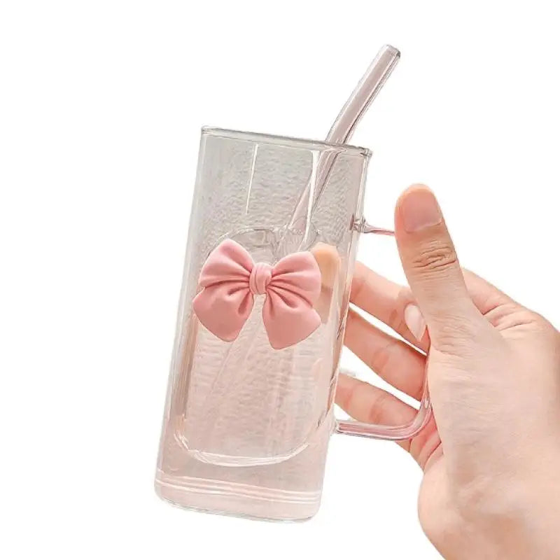 Taza a rayas linda de cristal con lazo de dibujos animados; Diseño de garabatos, adecuado para tés de frutas, limonada, regalo para niñas amantes del café