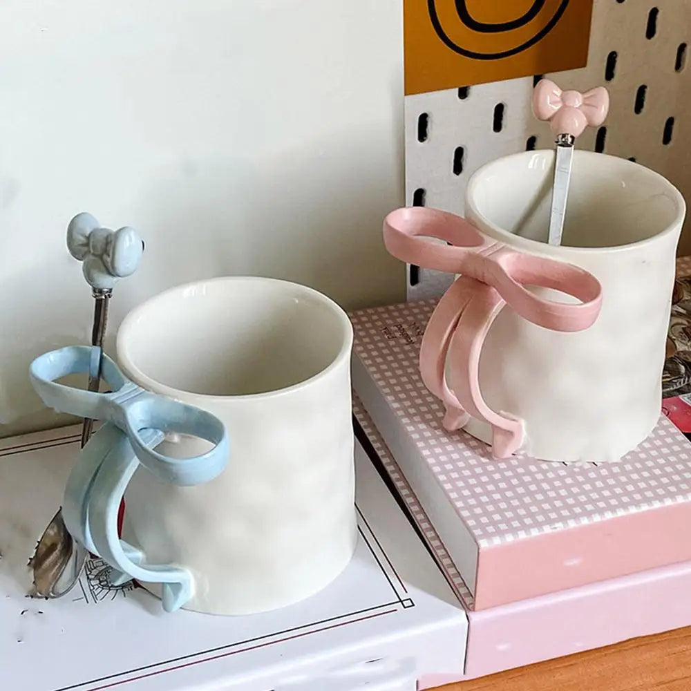 Taza con lazo, taza con mango de lazo y cuchara de café, Taza de cerámica, taza con cinta encantadora, taza de café bonita para amigos, colegas familiares