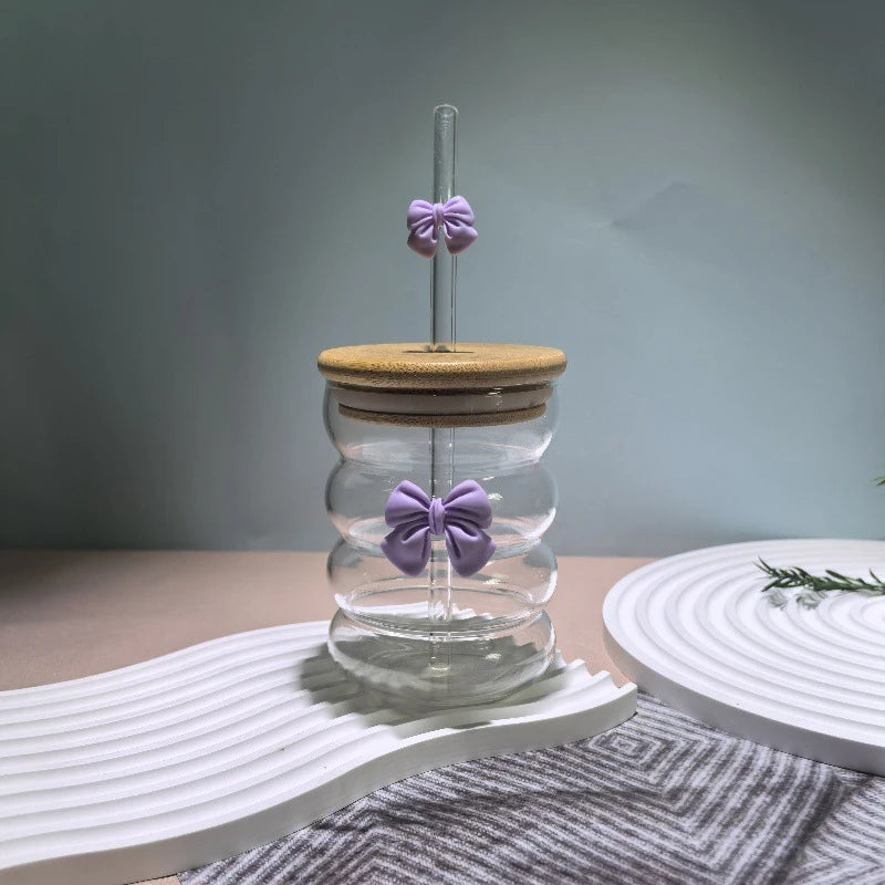 Taza de agua bonita con lazo, vaso de cristal con lazo de dibujos animados, taza de café con garabatos bonitos a rayas, fruta para el hogar, té, limonada, regalo para niñas