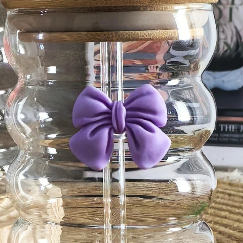 Taza de agua bonita con lazo, vaso de cristal con lazo de dibujos animados, taza de café con garabatos bonitos a rayas, fruta para el hogar, té, limonada, regalo para niñas