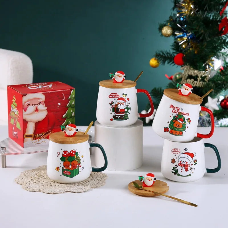 Taza de café de cerámica navideña con tapa y cuchara 3D, lindo regalo de Navidad de reno y muñeco de nieve de Papá Noel para mujeres y hombres, taza de té de cacao caliente