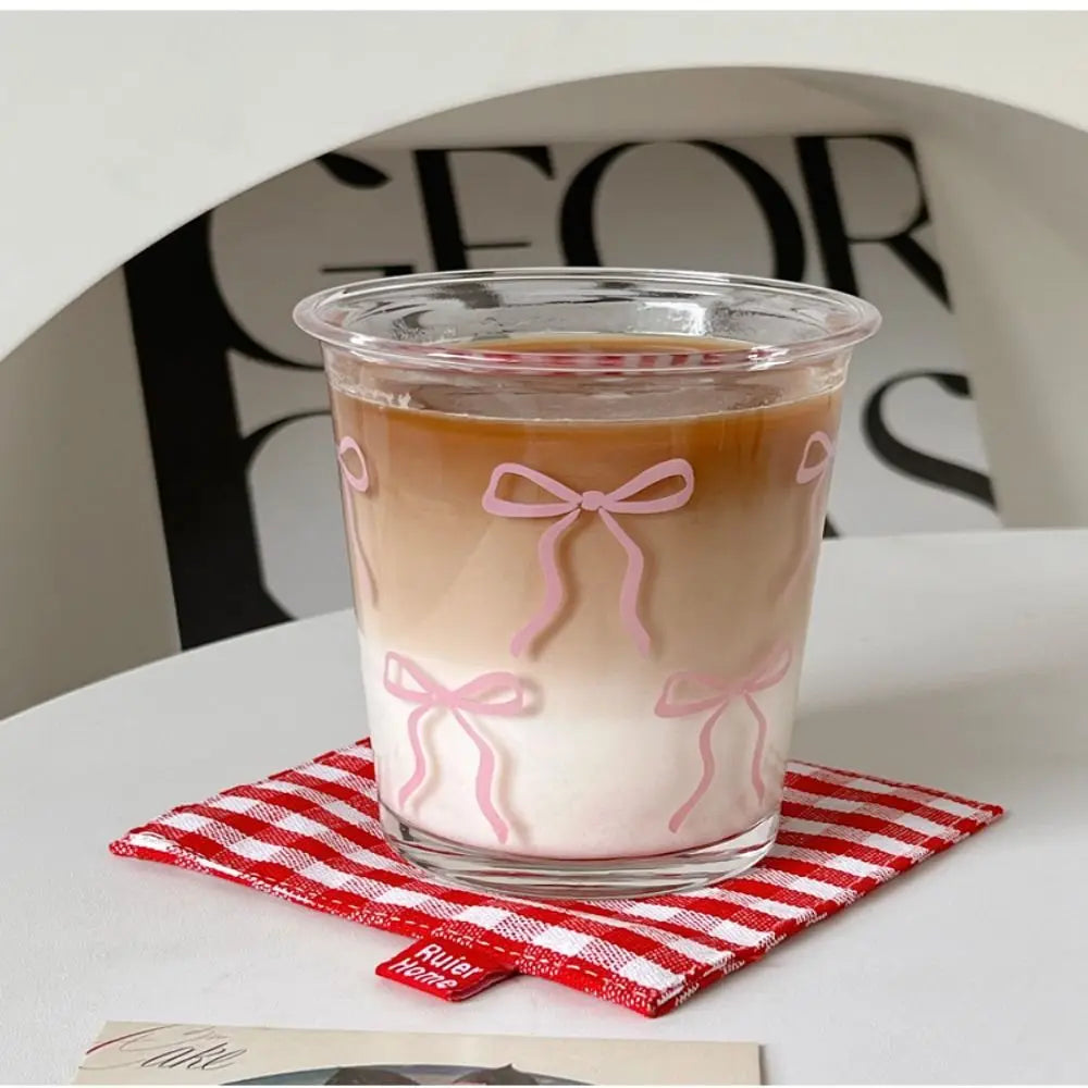 Taza de vidrio con lazo rosa para el verano, vaso de café helado, tazón de vidrio, regalo