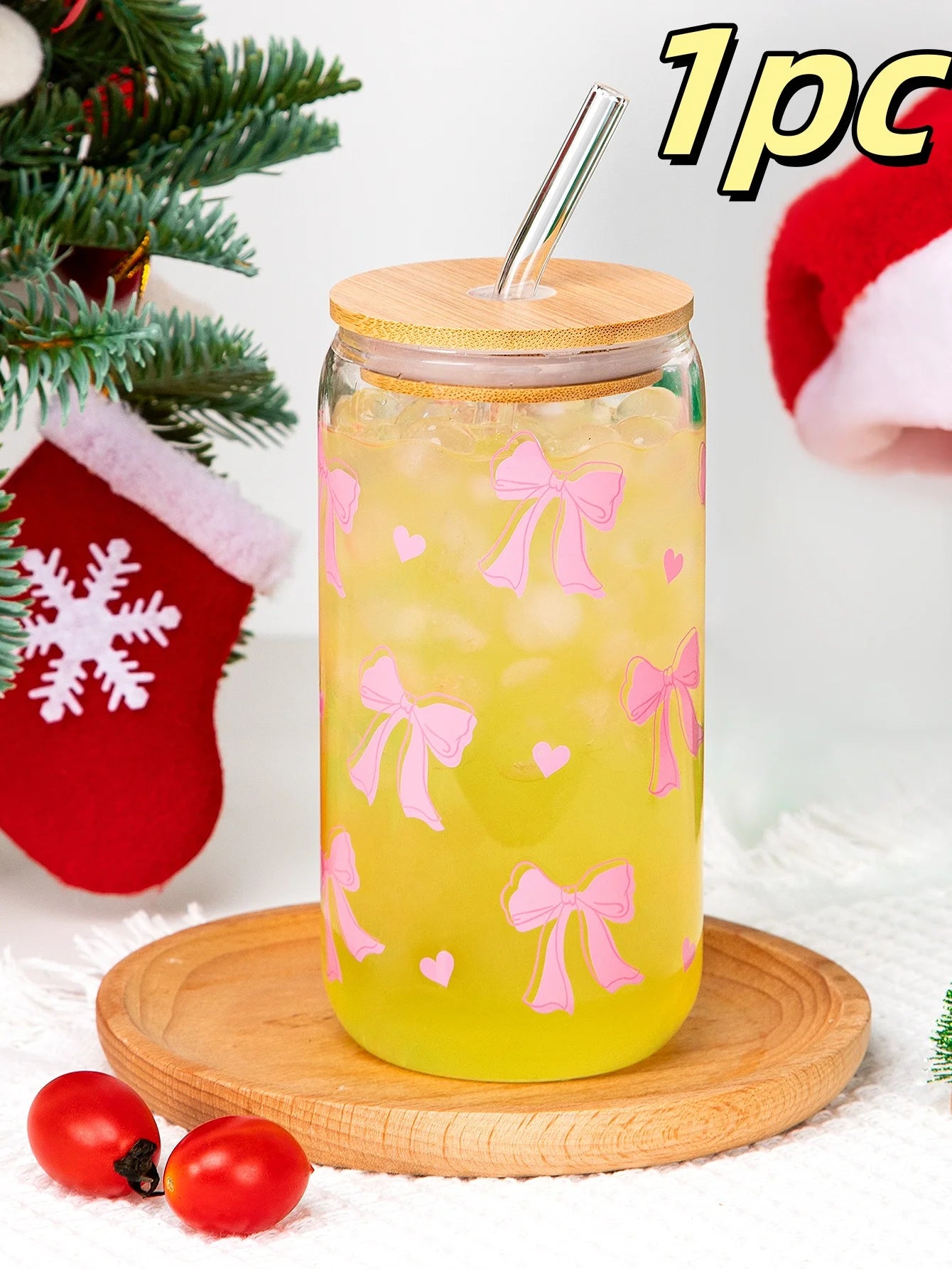 Taza de cristal con lazo bonito de 500ml, botella de agua con diseño de grafiti de cereza de amor, tazas de café con tapas, cepillo de paja, regalo de fiesta del Día de San Valentín