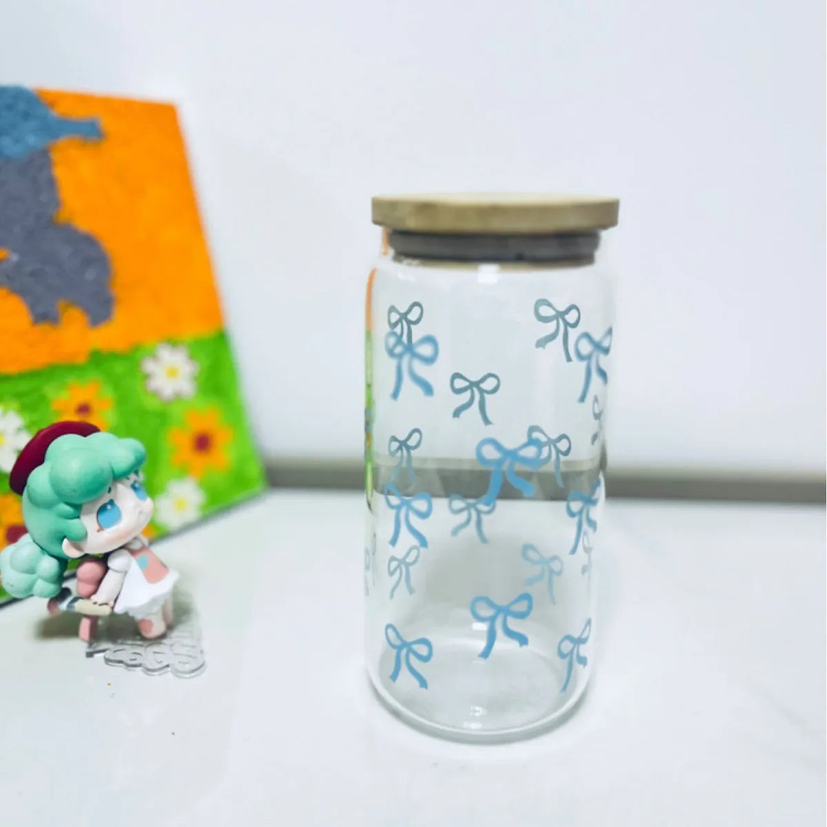 Taza de cristal con lazo bonito de 500ml, botella de agua con patrón de oso, tazas de café con tapas, cepillo de paja, regalo de fiesta del Día de San Valentín