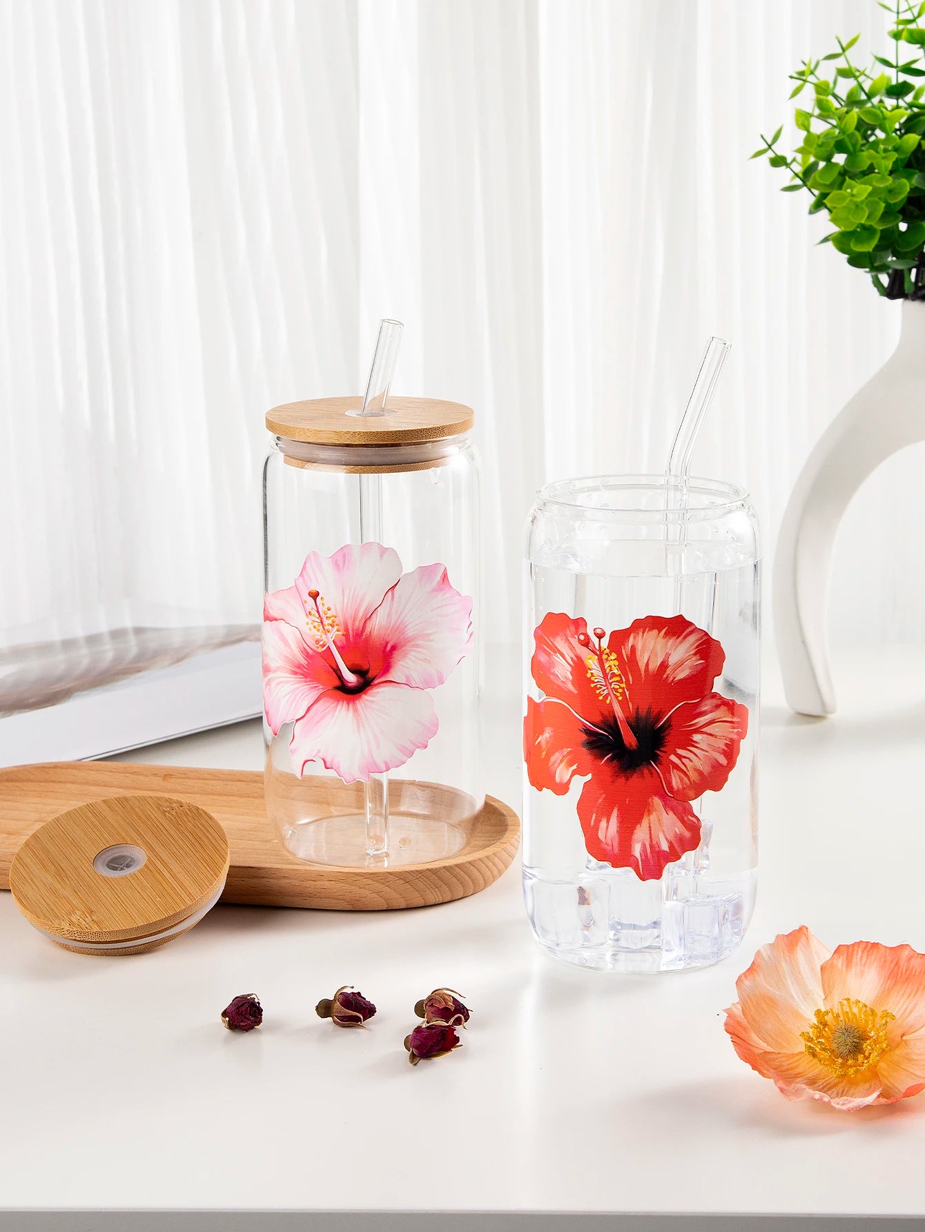Taza de cristal con lazo bonito de 500ml, botella de agua con diseño de grafiti de cereza de amor, tazas de café con tapas, cepillo de paja, regalo de fiesta del Día de San Valentín