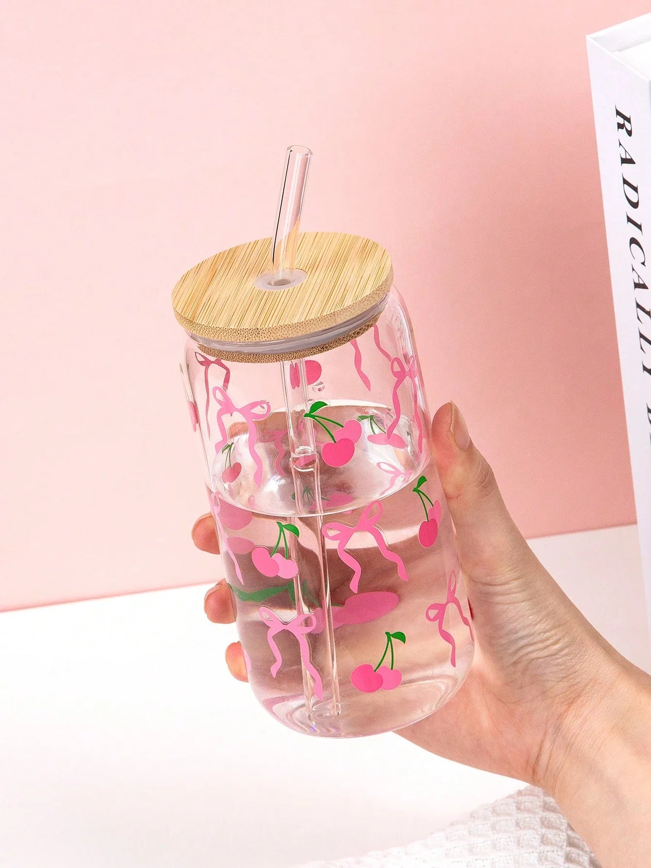 Taza de cristal con lazo bonito de 500ml, botella de agua con diseño de grafiti de cereza y amor navideño con tapa de bambú, tazas de café heladas, regalo de Halloween