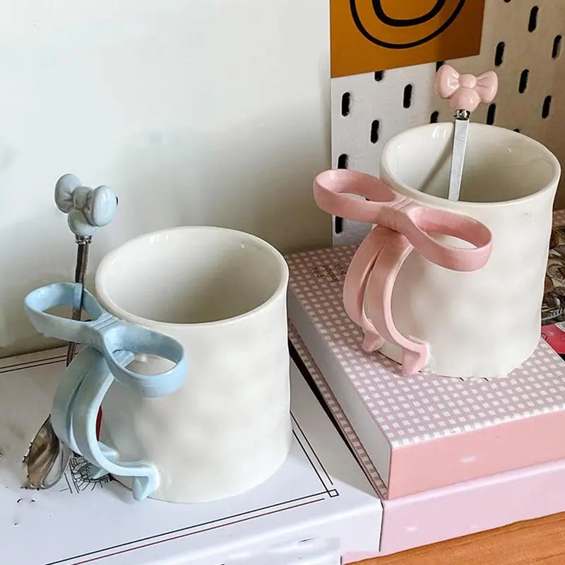 Taza con lazo, taza con mango de lazo y cuchara de café, Taza de cerámica, taza con cinta encantadora, taza de café bonita para amigos, colegas familiares