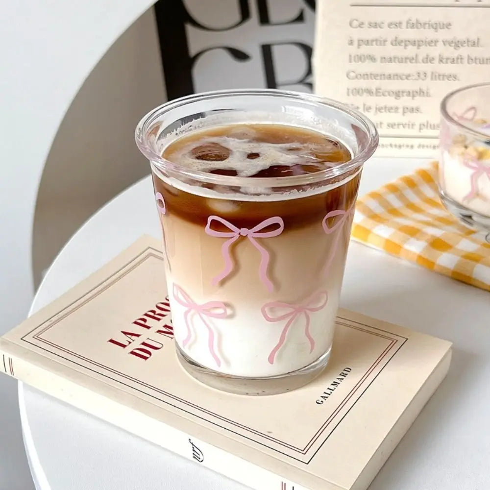 Taza de vidrio con lazo rosa para el verano, vaso de café helado, tazón de vidrio, regalo