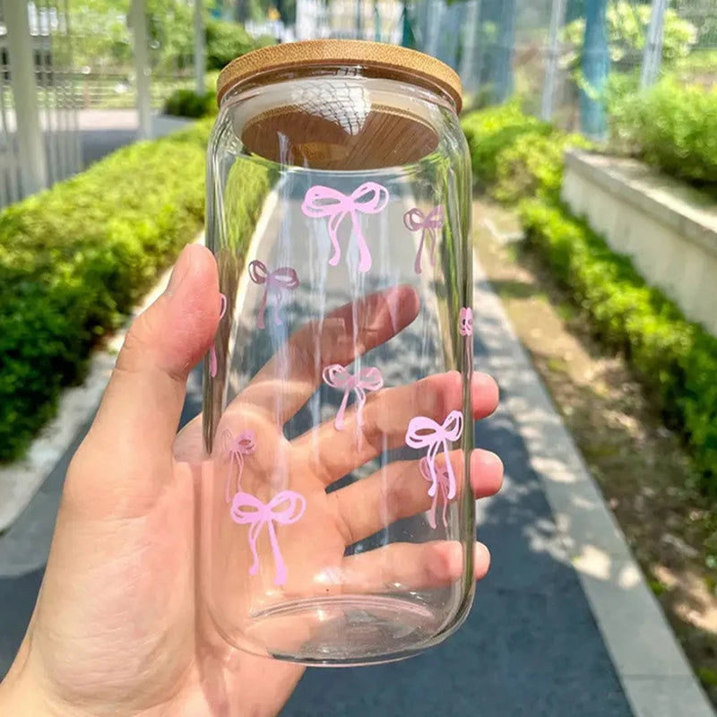 Taza de cristal con lazo rosa para niñas, botella de agua encantadora con tapa de bambú, vasos de café helado, vasos de jugo y bebidas, 500ml, 1 ud.