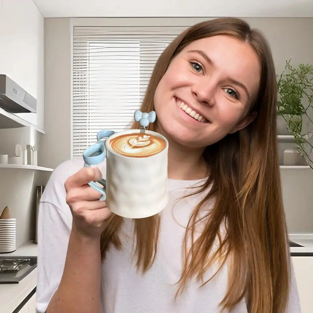 Taza con lazo, taza con mango de lazo y cuchara de café, Taza de cerámica, taza con cinta encantadora, taza de café bonita para amigos, colegas familiares