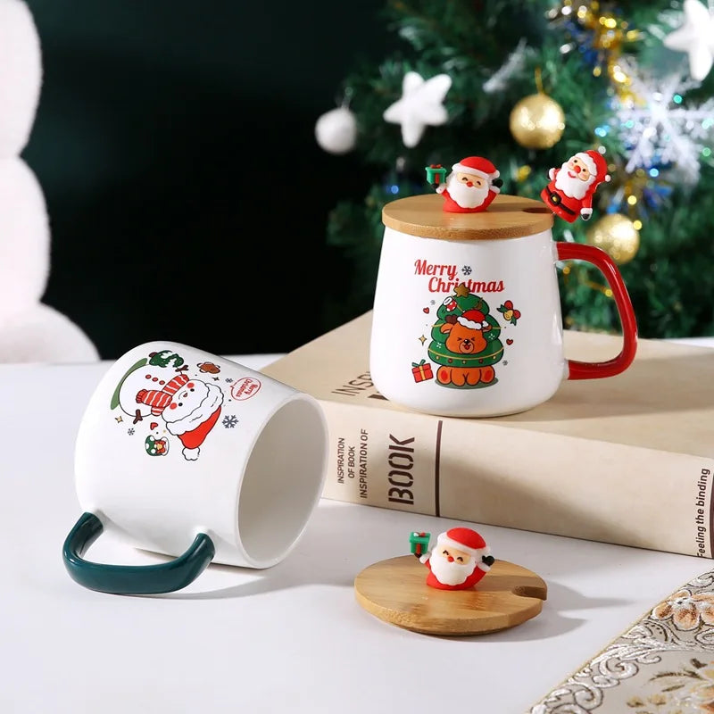 Taza de café de cerámica navideña con tapa y cuchara 3D, lindo regalo de Navidad de reno y muñeco de nieve de Papá Noel para mujeres y hombres, taza de té de cacao caliente