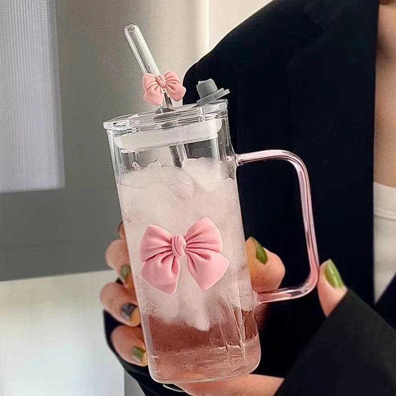 Taza a rayas linda de cristal con lazo de dibujos animados; Diseño de garabatos, adecuado para tés de frutas, limonada, regalo para niñas amantes del café
