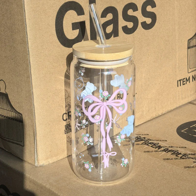 Taza de cristal con lazo bonito de 500ml, botella de agua con patrón de oso, tazas de café con tapas, cepillo de paja, regalo de fiesta del Día de San Valentín