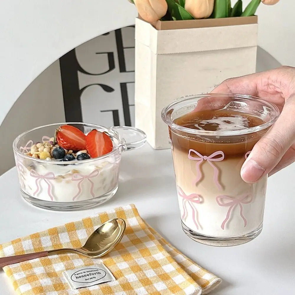 Taza de vidrio con lazo rosa para el verano, vaso de café helado, tazón de vidrio, regalo