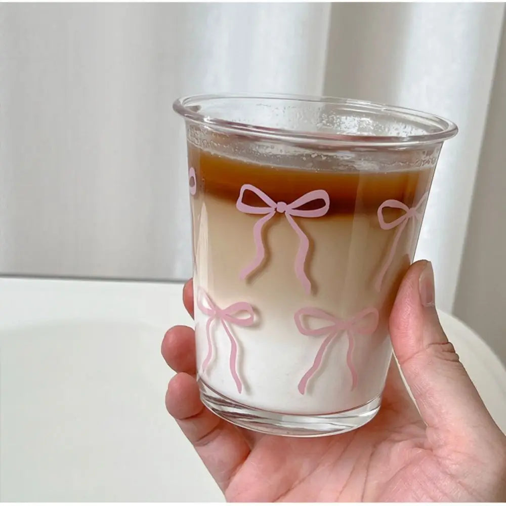 Taza de vidrio con lazo rosa para el verano, vaso de café helado, tazón de vidrio, regalo