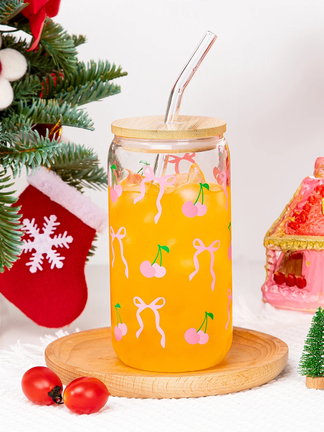 Taza de cristal con lazo bonito de 500ml, botella de agua con diseño de grafiti de cereza de amor, tazas de café con tapas, cepillo de paja, regalo de fiesta del Día de San Valentín