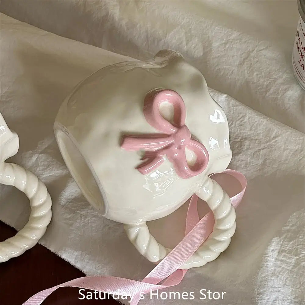 Taza de cerámica con lazo en relieve rosa, tazas para café, leche, bebidas, taza con asa de cerámica con caja, regalo para niñas