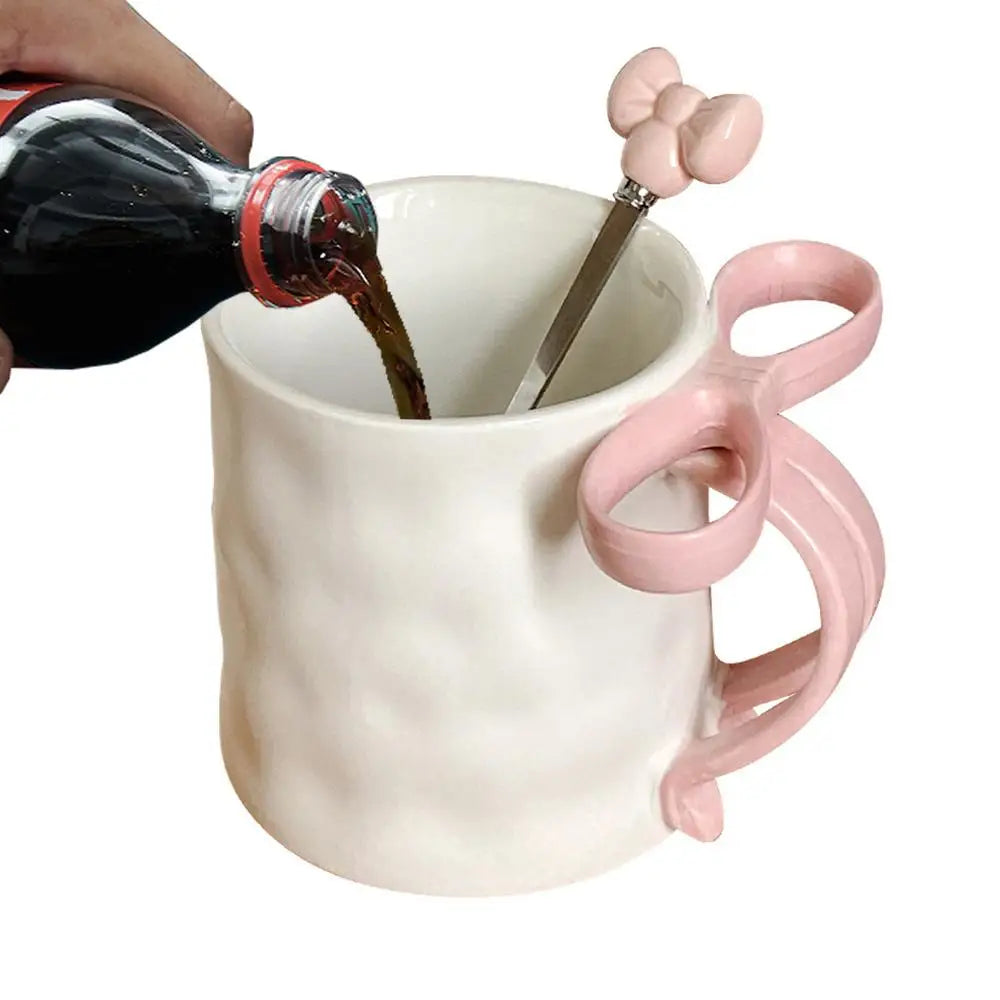 Taza con lazo, taza con mango de lazo y cuchara de café, Taza de cerámica, taza con cinta encantadora, taza de café bonita para amigos, colegas familiares