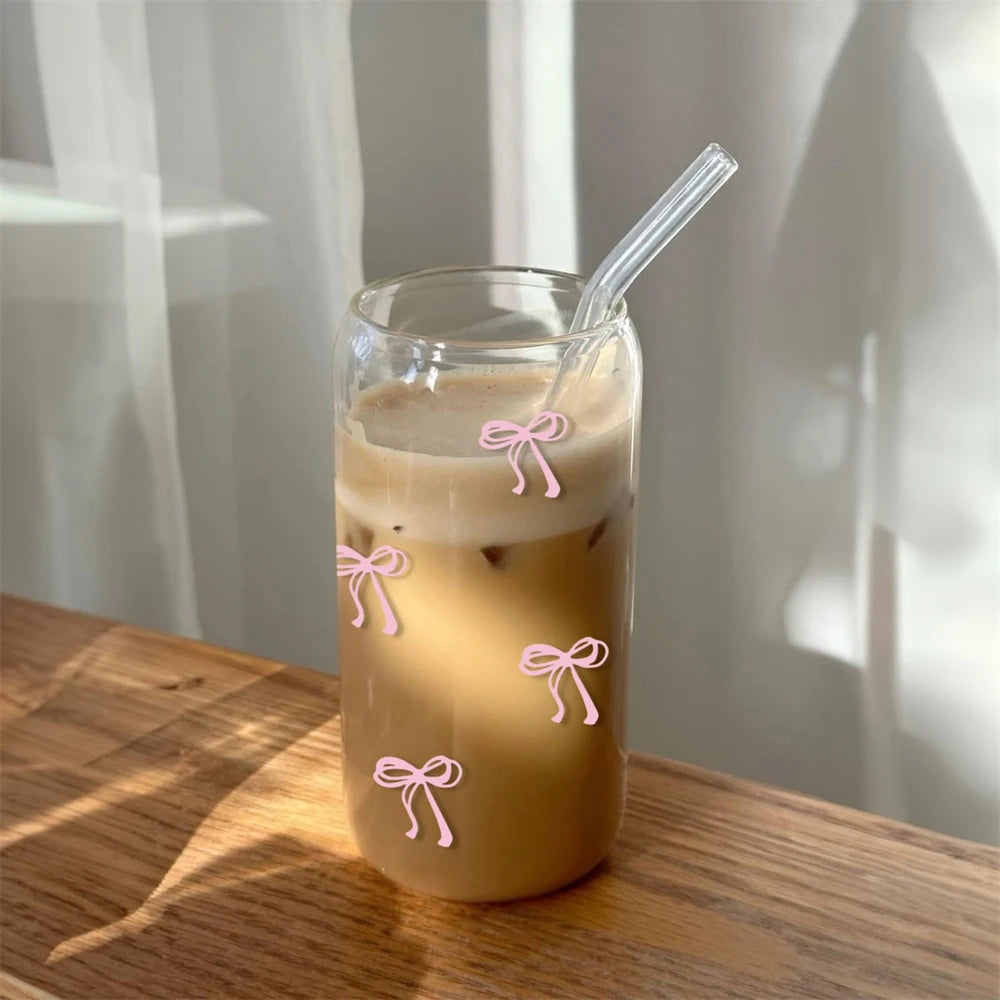 Vasos de cristal bonitos con lazo rosa de 500ml con tapas y vaso de paja, vaso de cristal para leche helada, café, batido, cóctel, taza de jugo Matcha