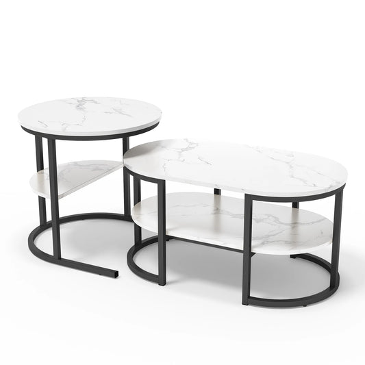 Mesa de centro moderna para sala de estar, mueble de Metal negro, 2 piezas, color blanco