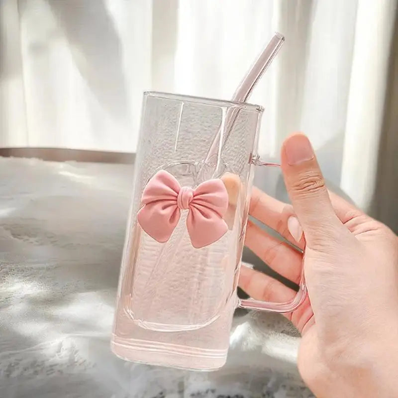 Taza a rayas linda de cristal con lazo de dibujos animados; Diseño de garabatos, adecuado para tés de frutas, limonada, regalo para niñas amantes del café