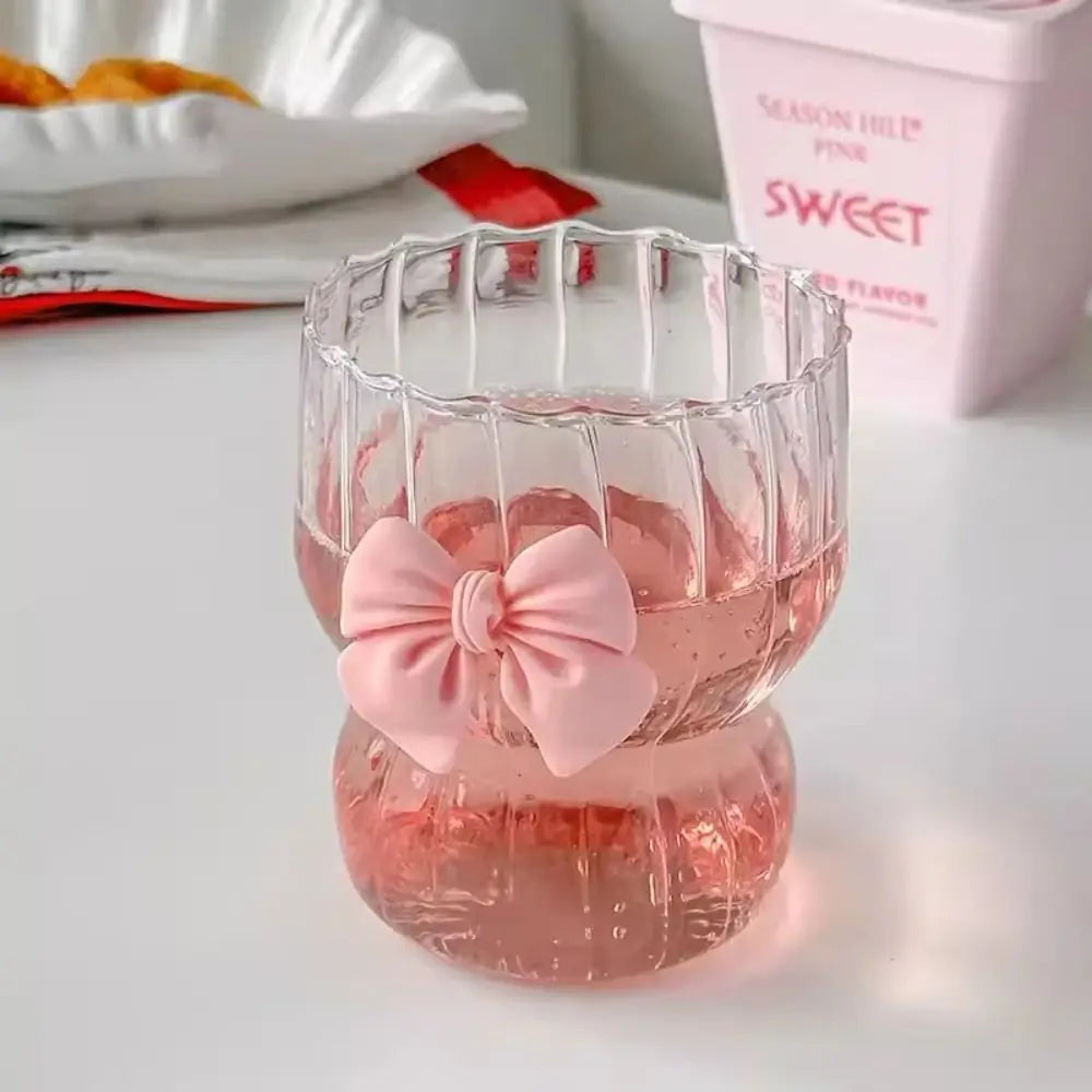 Taza de agua a rayas de gran capacidad con lazo rosa de dibujos animados, vaso con pajita de cristal transparente, regalo para niñas, nueva moda