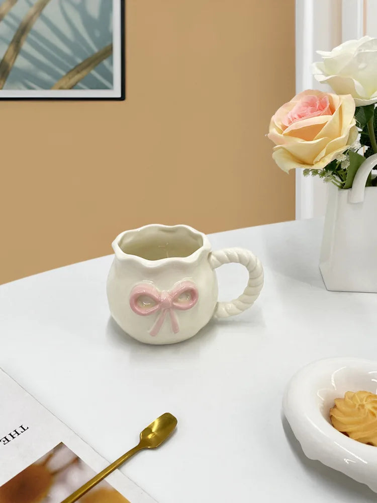 Taza de café con lazo de mano para chica femenina estilo Ins, taza de cerámica para té de la tarde, bonita taza