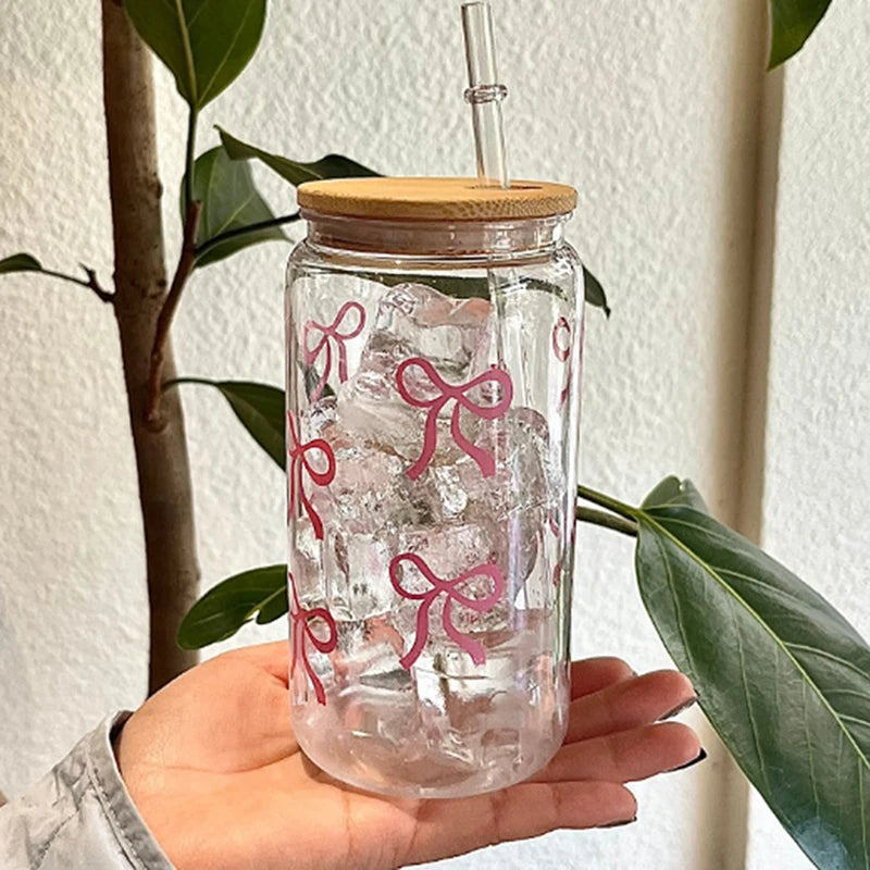 Taza de cristal con lazo rosa para niñas, botella de agua encantadora con tapa de bambú, vasos de café helado, vasos de jugo y bebidas, 500ml, 1 ud.