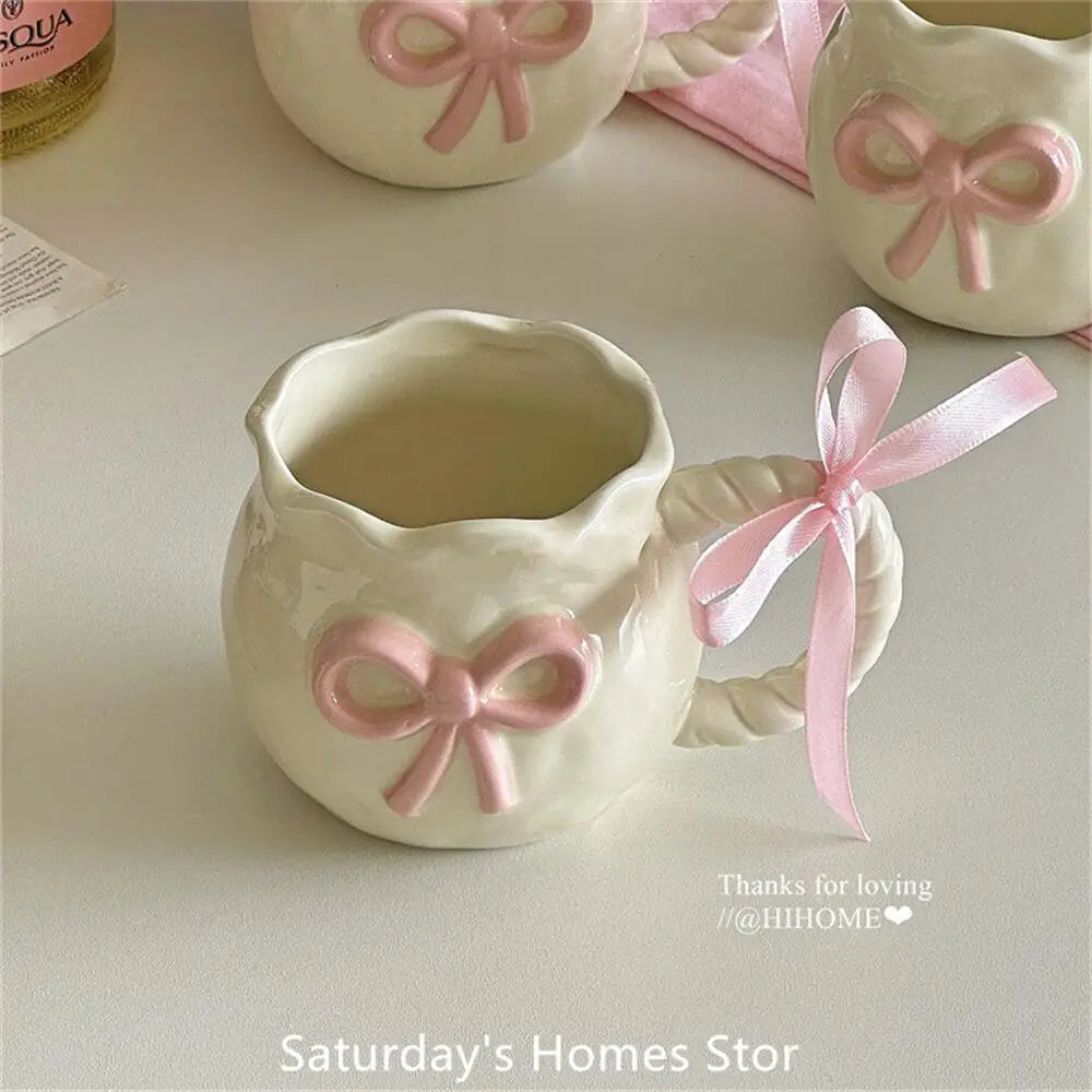 Taza de cerámica con lazo en relieve rosa, tazas para café, leche, bebidas, taza con asa de cerámica con caja, regalo para niñas
