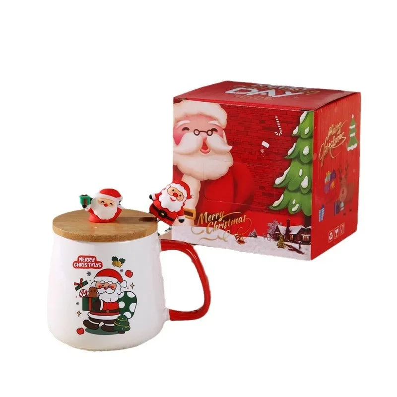 Taza de café de cerámica navideña con tapa y cuchara 3D, lindo regalo de Navidad de reno y muñeco de nieve de Papá Noel para mujeres y hombres, taza de té de cacao caliente