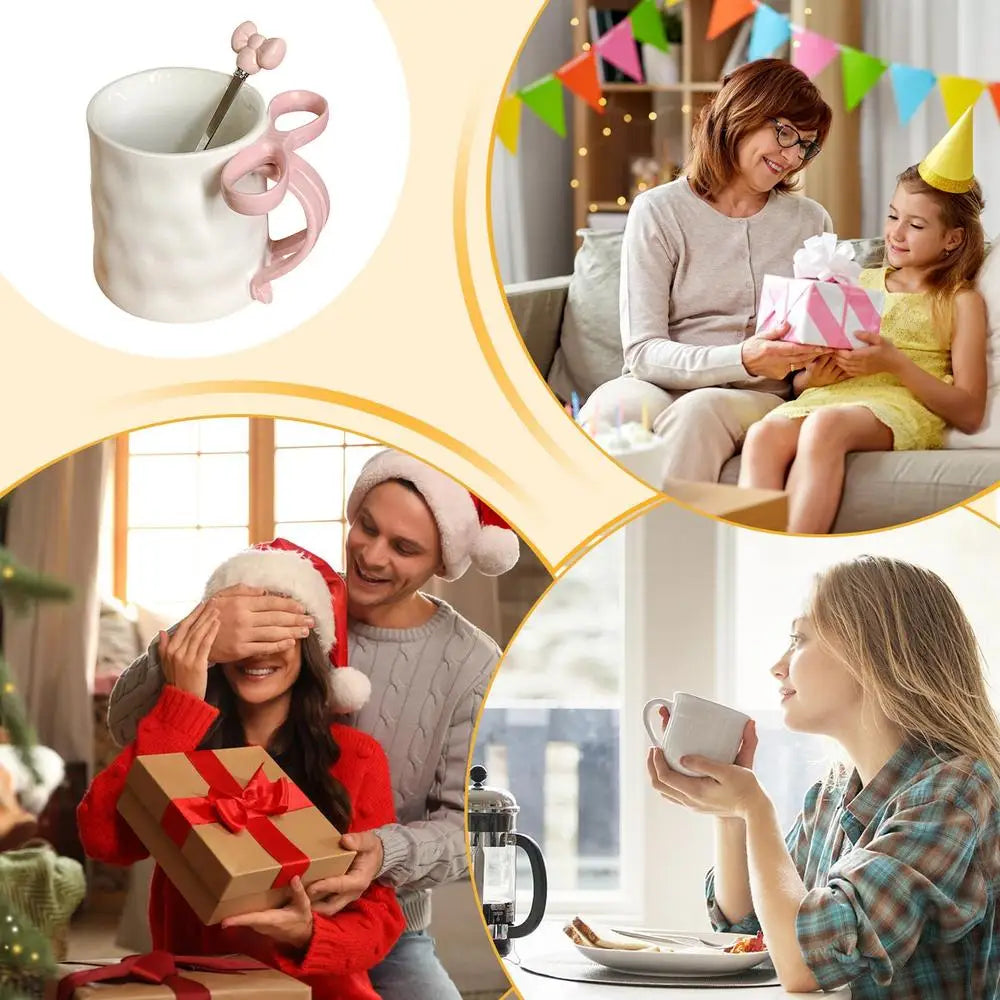 Taza con lazo, taza con mango de lazo y cuchara de café, Taza de cerámica, taza con cinta encantadora, taza de café bonita para amigos, colegas familiares