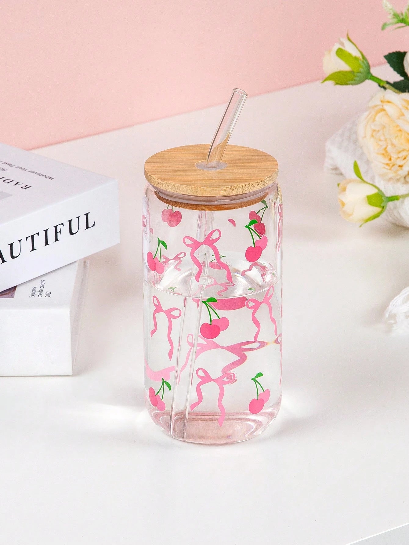 Taza de cristal con lazo bonito de 500ml, botella de agua con diseño de grafiti de cereza de amor, tazas de café con tapas, cepillo de paja, regalo de fiesta del Día de San Valentín