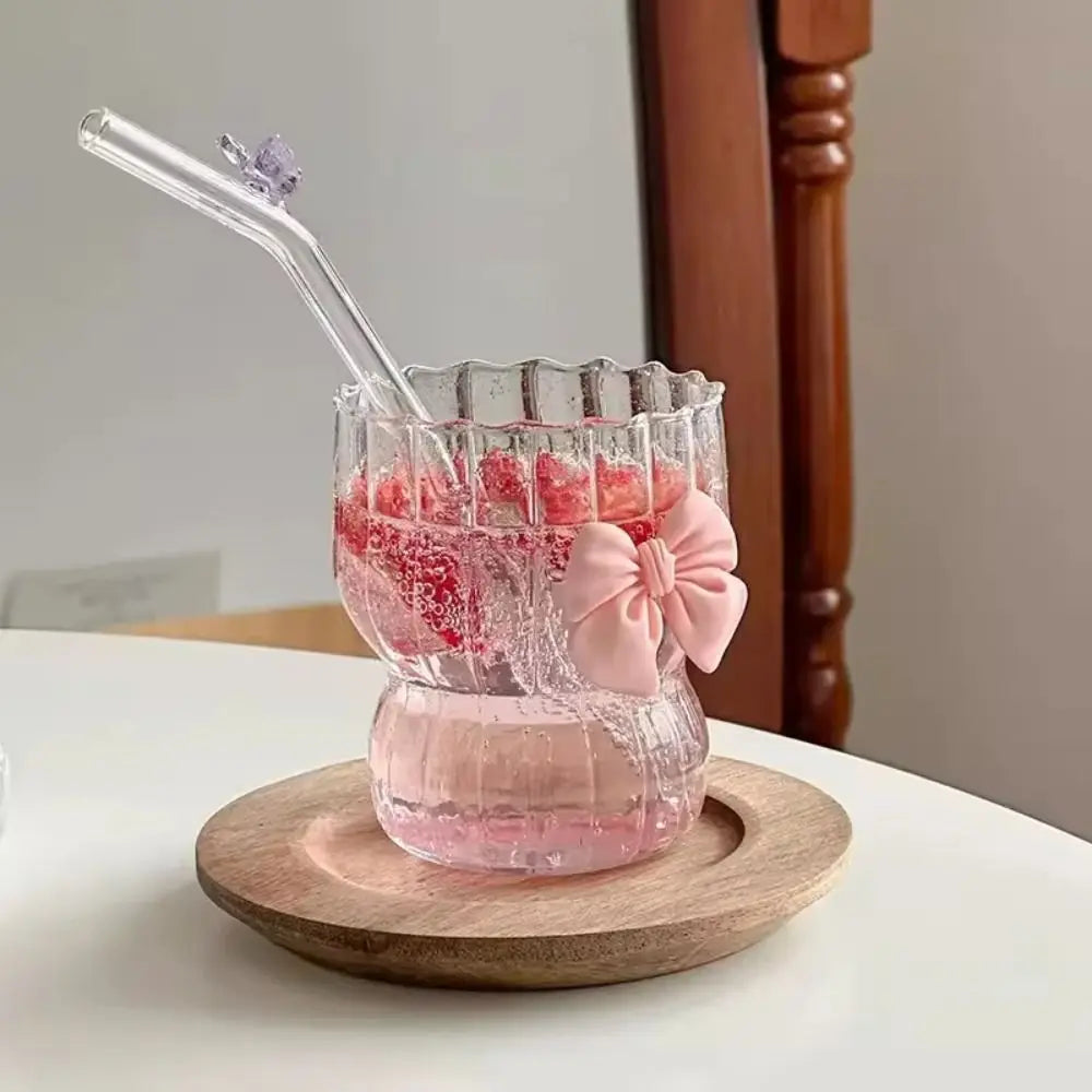 Taza de agua a rayas de gran capacidad con lazo rosa de dibujos animados, vaso con pajita de cristal transparente, regalo para niñas, nueva moda