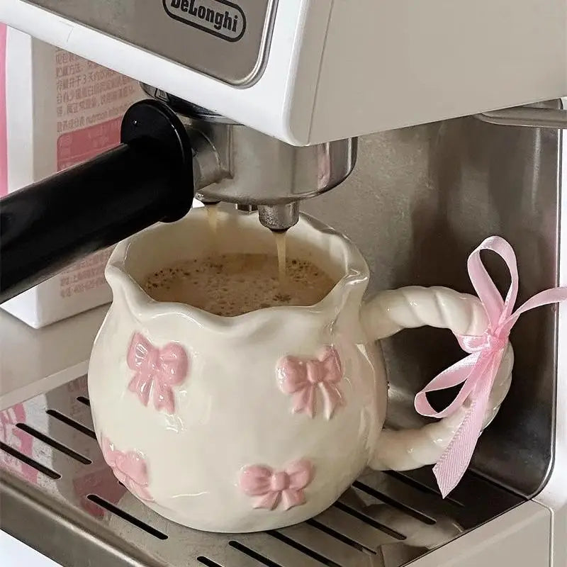 Taza de cerámica con lazo en relieve rosa, tazas para café, leche, bebidas, taza con asa de cerámica con caja, regalo para niñas