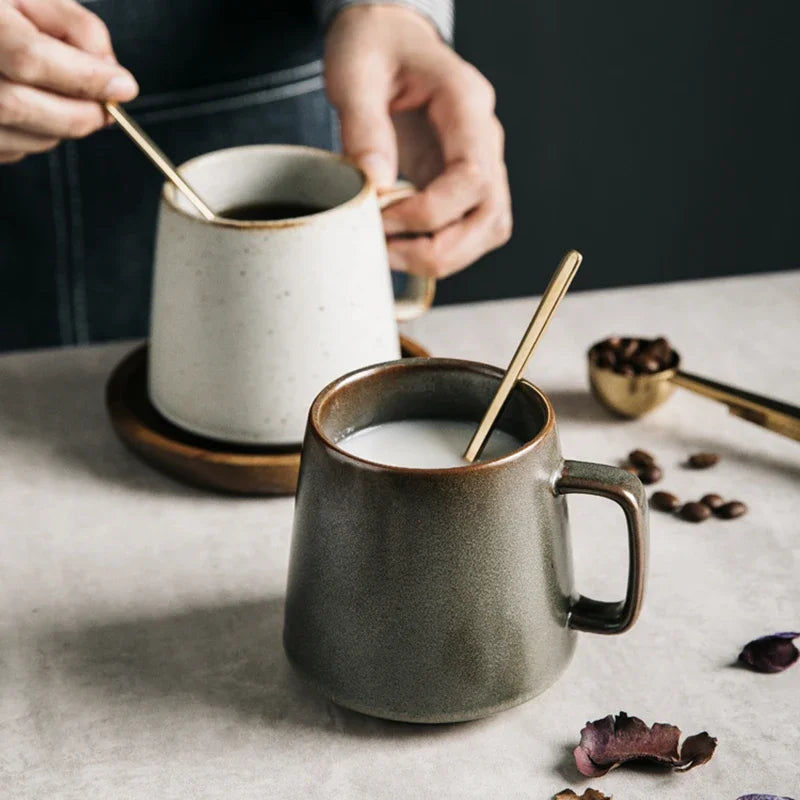 Taza de cerámica creativa Retro, posavasos de madera, taza de café de oficina, taza de bebida, taza de leche, taza de pareja para el hogar, tazas de agua, tazas de té