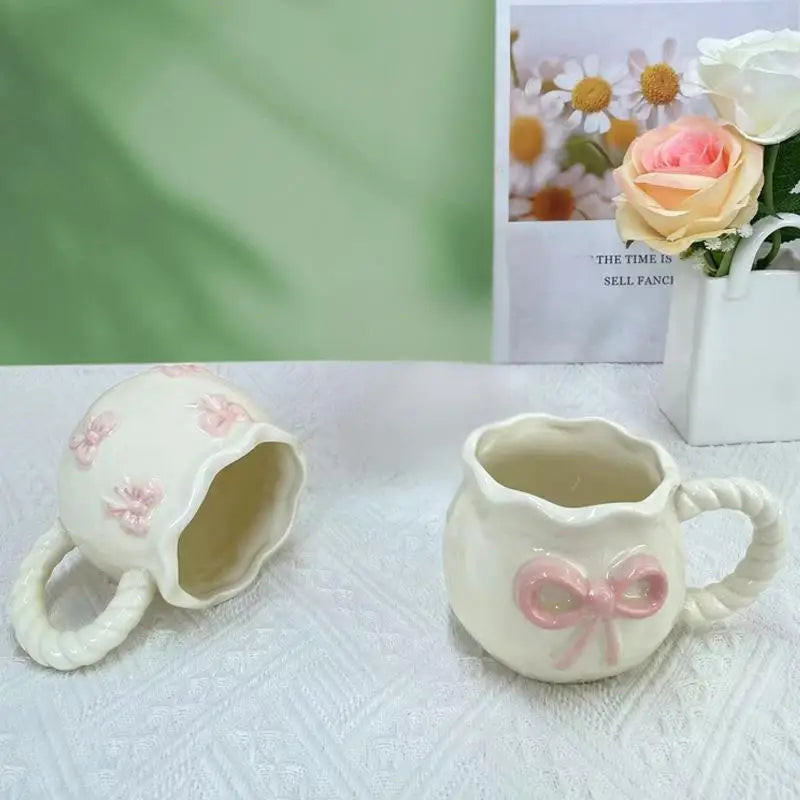 Taza de café con lazo de mano para chica femenina estilo Ins, taza de cerámica para té de la tarde, bonita taza