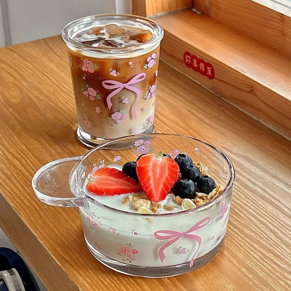 Taza de vidrio con lazo rosa para el verano, vaso de café helado, tazón de vidrio, regalo