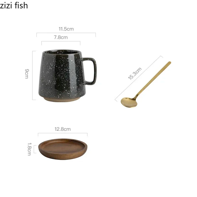 Taza de cerámica creativa Retro, posavasos de madera, taza de café de oficina, taza de bebida, taza de leche, taza de pareja para el hogar, tazas de agua, tazas de té