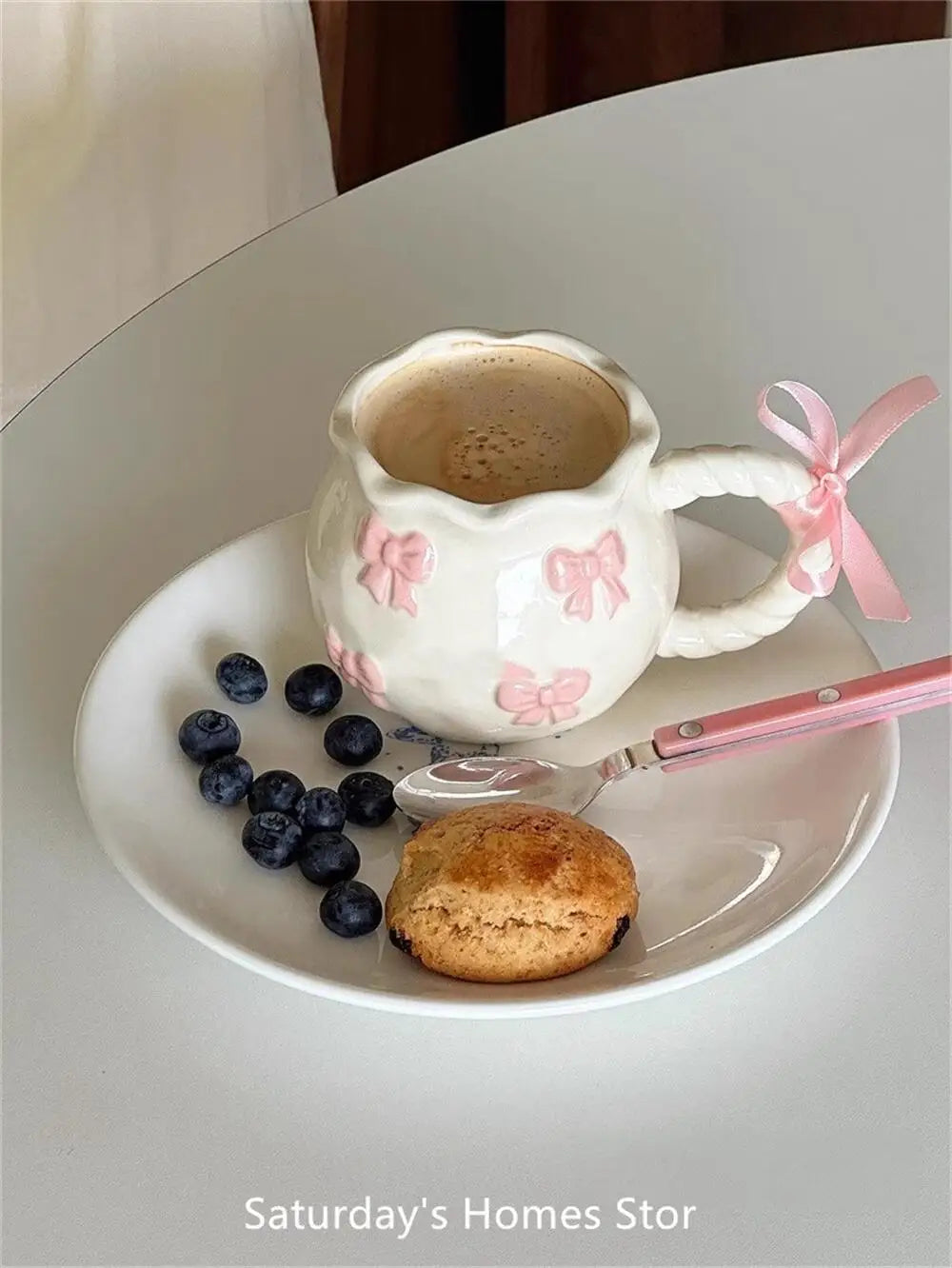 Taza de cerámica con lazo en relieve rosa, tazas para café, leche, bebidas, taza con asa de cerámica con caja, regalo para niñas