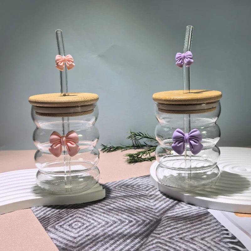 Taza de agua bonita con lazo, vaso de cristal con lazo de dibujos animados, taza de café con garabatos bonitos a rayas, fruta para el hogar, té, limonada, regalo para niñas