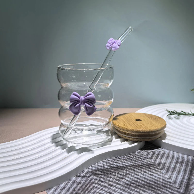Taza de agua bonita con lazo, vaso de cristal con lazo de dibujos animados, taza de café con garabatos bonitos a rayas, fruta para el hogar, té, limonada, regalo para niñas