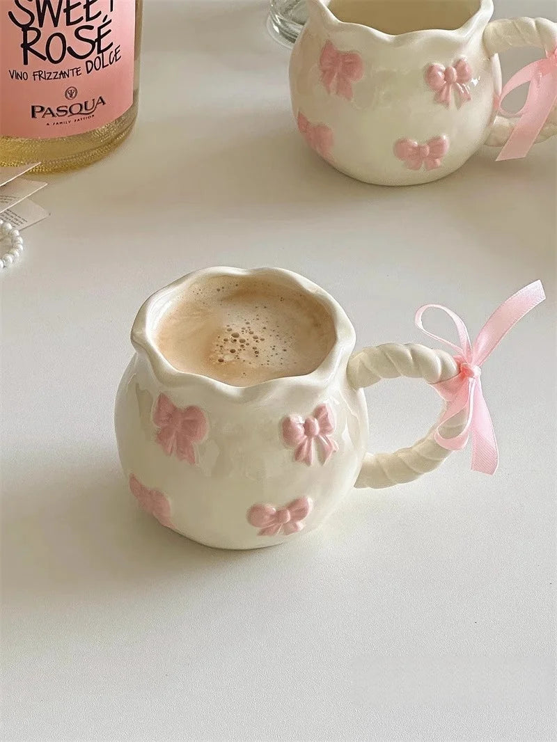 Taza de cerámica con lazo en relieve rosa, tazas para café, leche, bebidas, taza con asa de cerámica con caja, regalo para niñas