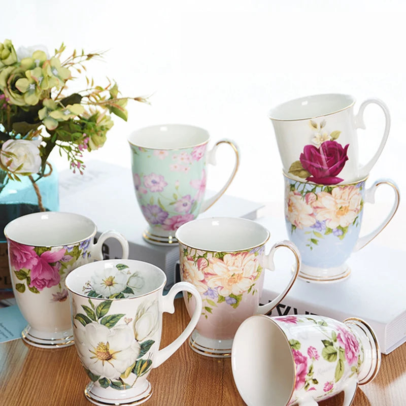 Taza de café de porcelana de hueso, taza de flor de cerámica creativa, exquisita taza de té de la tarde, taza de café, taza de leche de avena para el hogar, regalo de cumpleaños