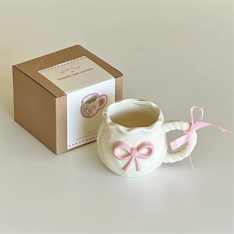 Taza de cerámica con lazo en relieve rosa, tazas para café, leche, bebidas, taza con asa de cerámica con caja, regalo para niñas