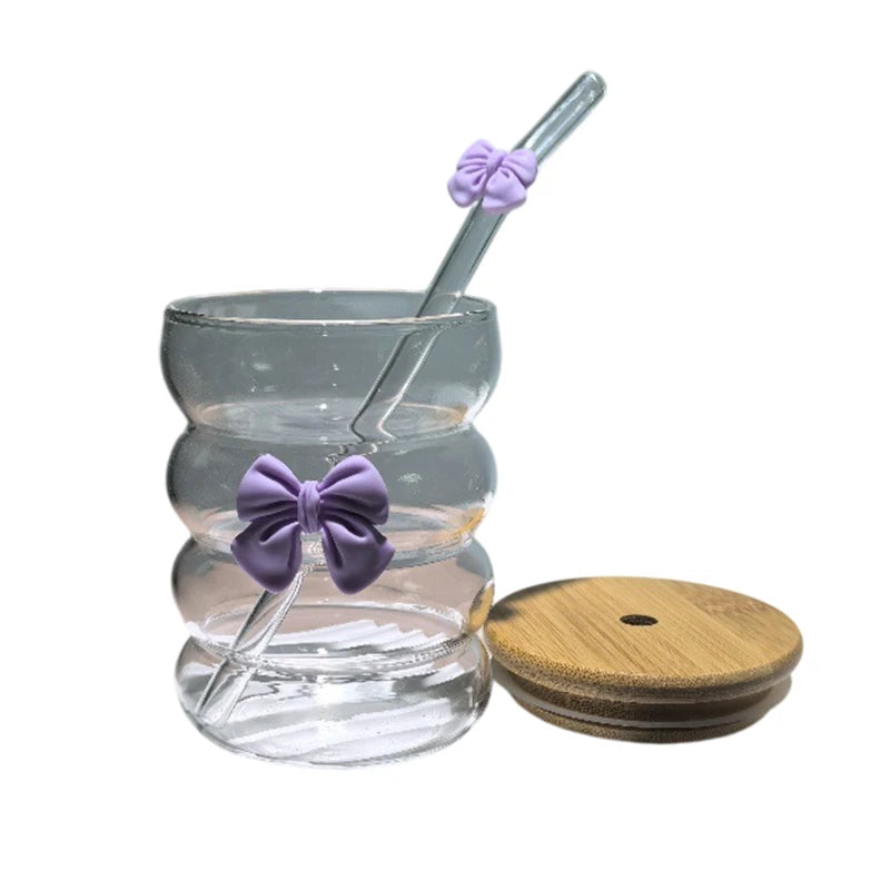 Taza de agua bonita con lazo, vaso de cristal con lazo de dibujos animados, taza de café con garabatos bonitos a rayas, fruta para el hogar, té, limonada, regalo para niñas