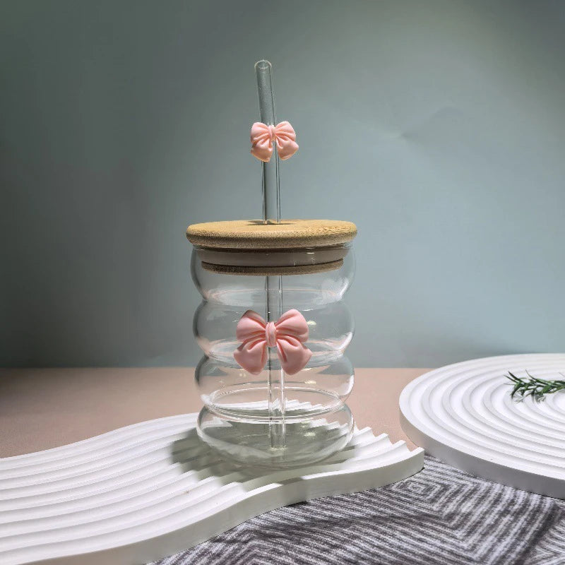 Taza de agua bonita con lazo, vaso de cristal con lazo de dibujos animados, taza de café con garabatos bonitos a rayas, fruta para el hogar, té, limonada, regalo para niñas