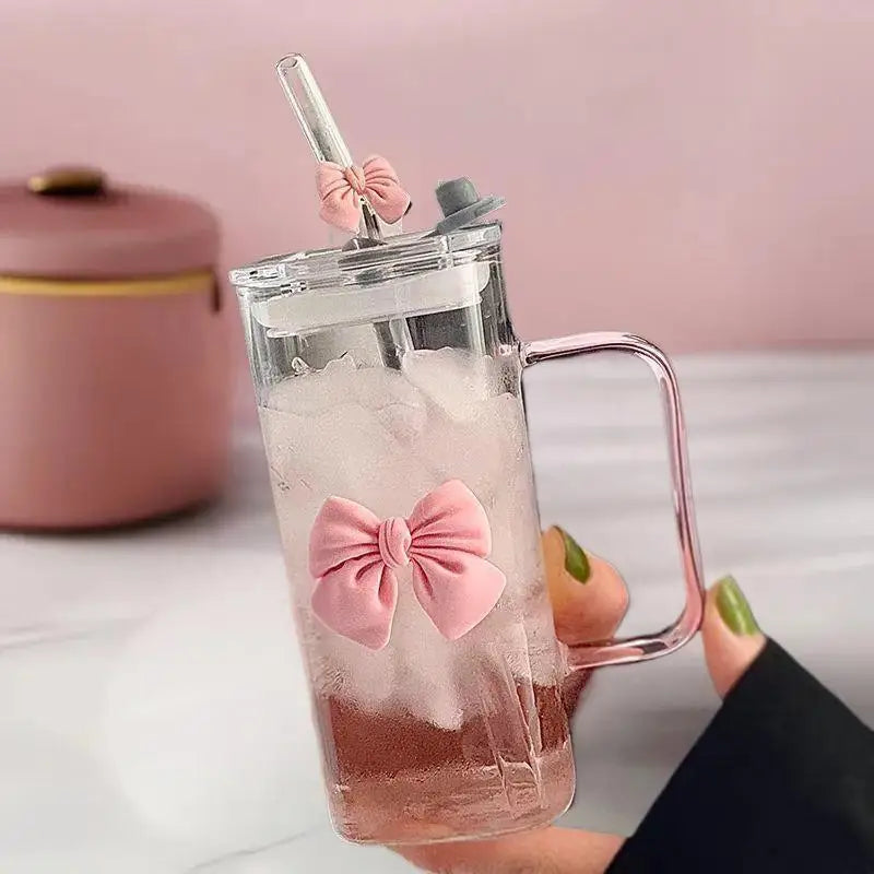 Taza a rayas linda de cristal con lazo de dibujos animados; Diseño de garabatos, adecuado para tés de frutas, limonada, regalo para niñas amantes del café